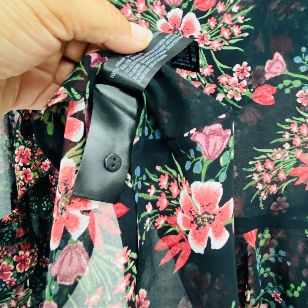 Zara Women Sheer Floral Long Sleeve Ruffled Layered Pink Black Cuffed Blouse SzM - Picture 9 of 15